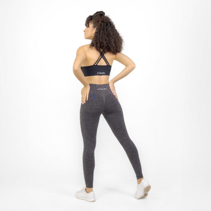 Athara CoreFlow Leggings in Hemp Gray – Full-Length Angle View on Model