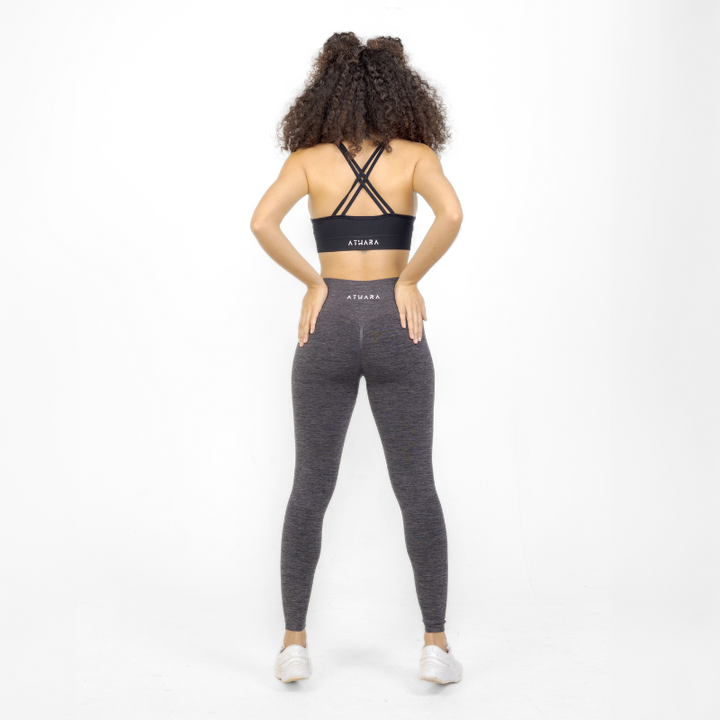 Athara CoreFlow Leggings in Hemp Gray – Full-Length Back View on Model