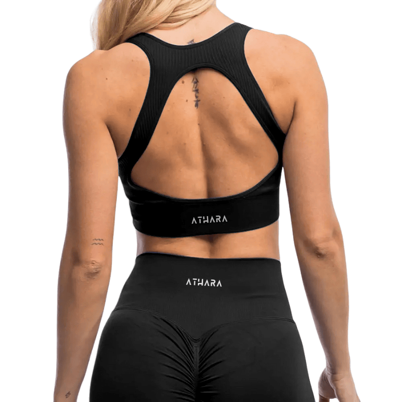 Athara MaxSculpt OpenBack Sports Bra in Black – Back View with Openback Detail