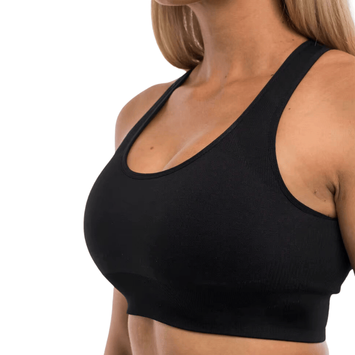 Athara MaxSculpt OpenBack Sports Bra in Black – Side View Showing Fit