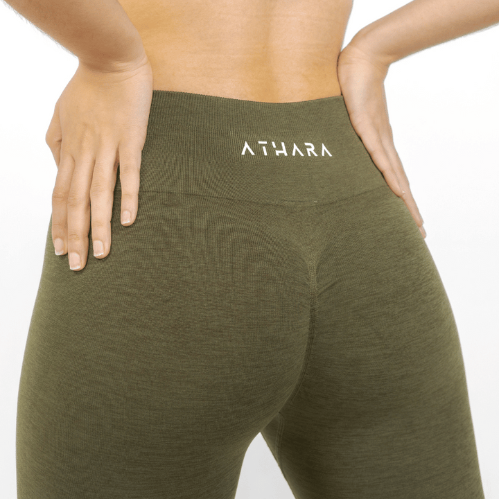 Athara CoreFlow Leggings in Army Green – Back View with Scrunch Detail