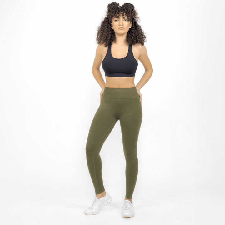 Athara CoreFlow Leggings in Army Green – Full-Length Front View on Model