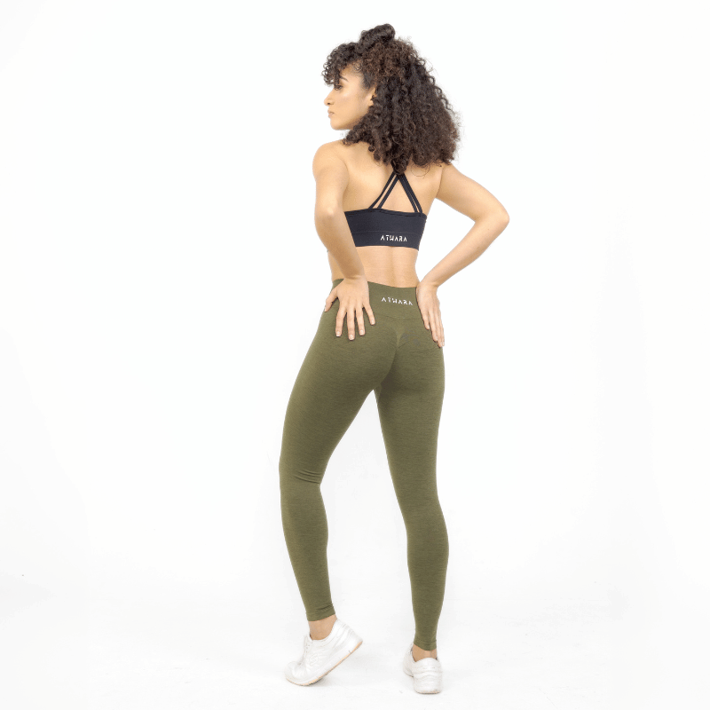 Athara CoreFlow Leggings in Army Green – Full-Length Angle View on Model