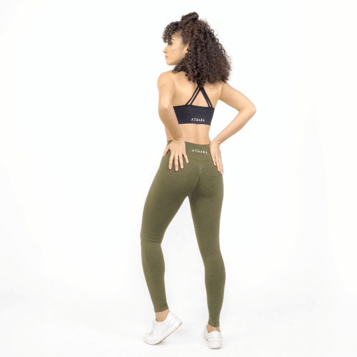 Athara CoreFlow Leggings in Army Green – Full-Length Angle View on Model