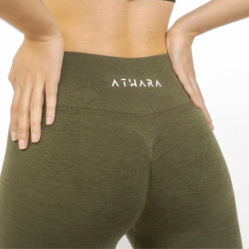Athara CoreFlow Leggings in Army Green – Back View with Scrunch Detail
