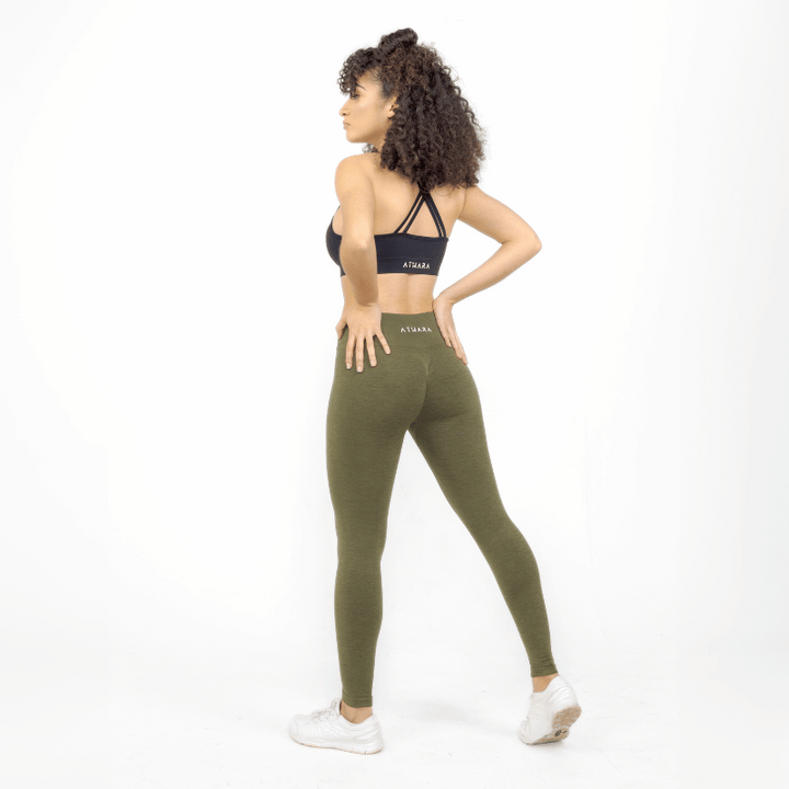 Athara CoreFlow Leggings in Army Green – Full-Length Back View on Model