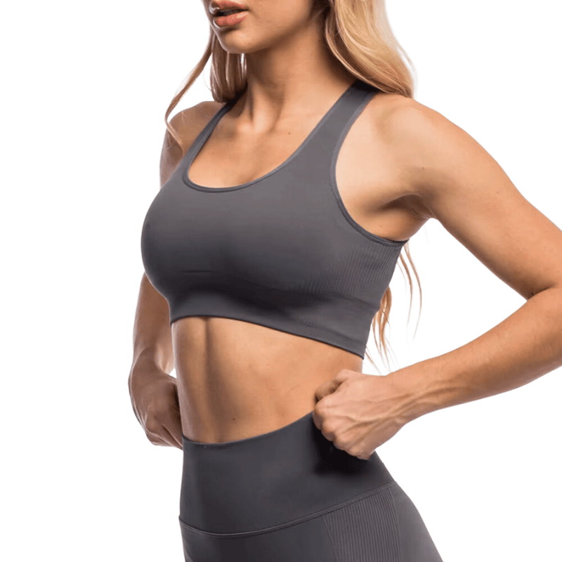 Athara MaxSculpt OpenBack Sports Bra in Dark Gray – Full-length Side View Action