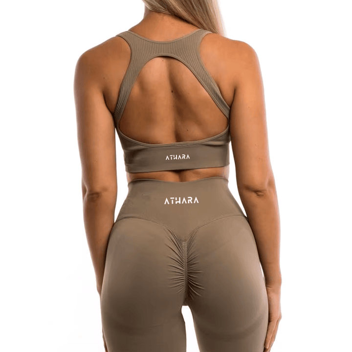 Athara MaxSculpt Leggings in Desert Tan – Back View with Scrunch Detail