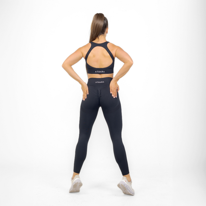 Athara MaxSculpt Leggings in Black – Back View with Scrunch Detail