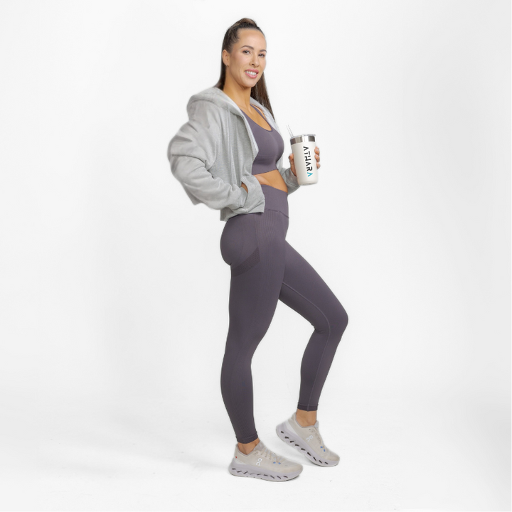 Athara MaxSculpt Leggings in Dark Gray – Full-length Side View Action