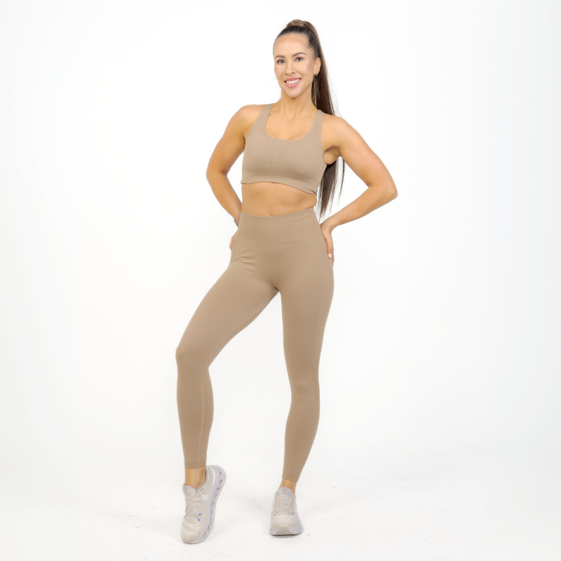 Athara MaxSculpt Leggings in Desert Tan – Full-Length Front View on Model