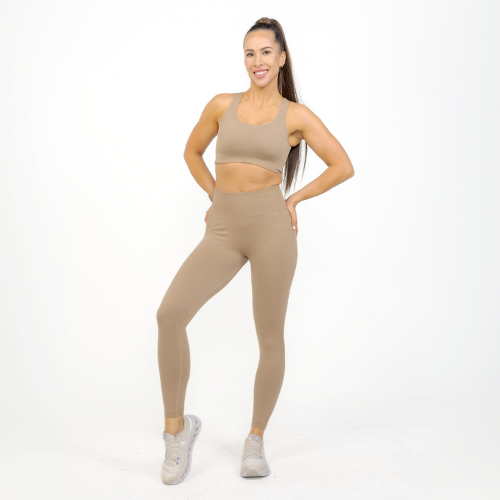 Athara MaxSculpt Leggings in Desert Tan – Full-Length Front View on Model