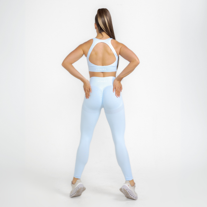Athara MaxSculpt Leggings in Glacier Blue – Full-Length Back View on Model