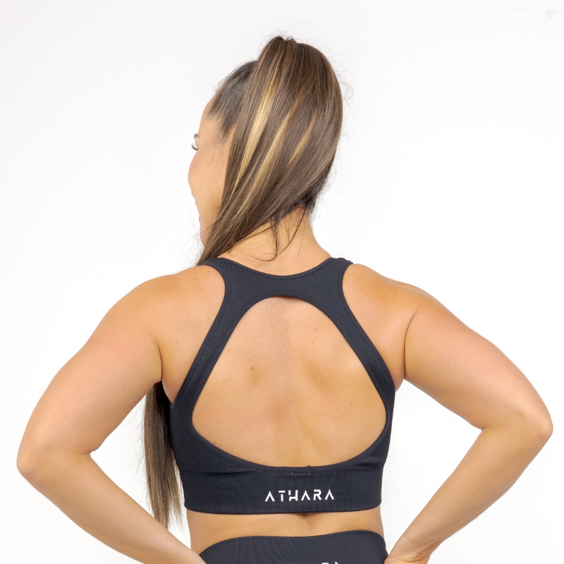 Athara MaxSculpt OpenBack Sports Bra in Black – Back View with Openback Detail