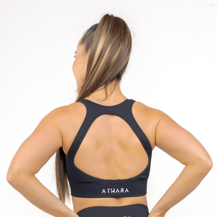 Athara MaxSculpt OpenBack Sports Bra in Black – Back View with Openback Detail