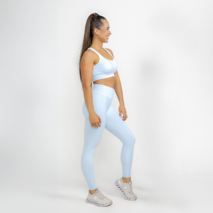 Athara MaxSculpt OpenBack Sports Bra in Glacier Blue – Full-length Side View