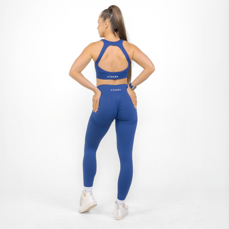 Athara MaxSculpt OpenBack Sports Bra in Twilight Blue – Full-Length Back View on Model