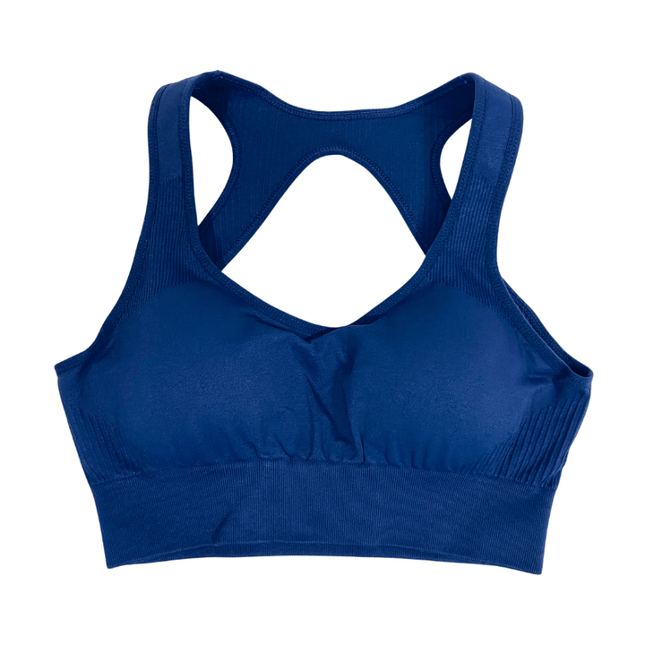 Athara MaxSculpt OpenBack Sports Bra in Twilight Blue – Flat Lay