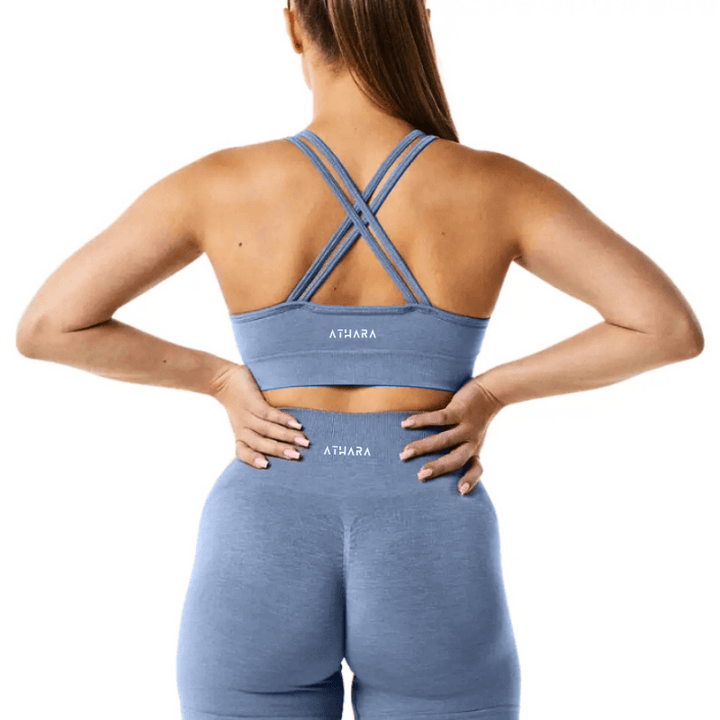 Athara CoreFlow Crossback Sports Bra in Hemp Blue – Back View with Crossback Detail
