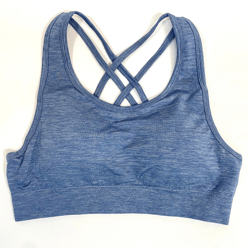 Athara CoreFlow Crossback Sports Bra in Hemp Blue – Flat Lay